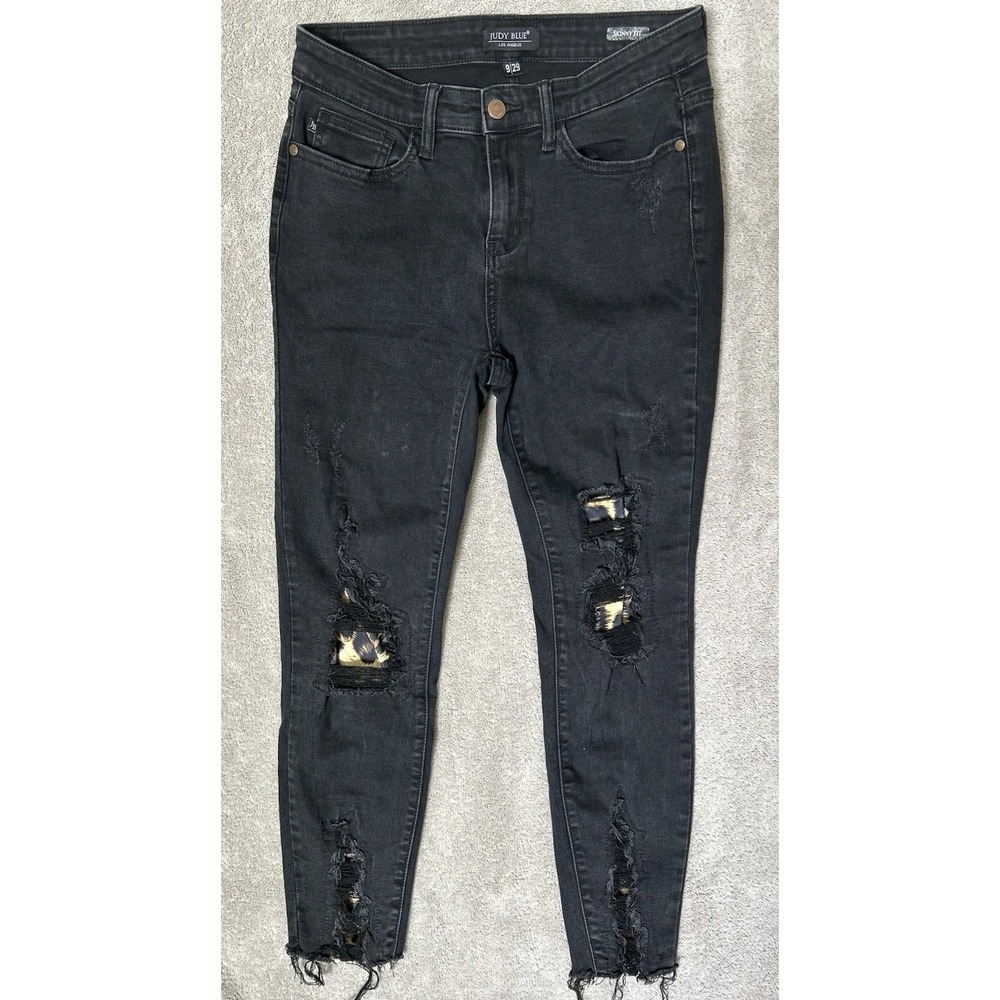 Judy Blue Women's Black Skinny Distressed (leopard insets)  - Size 9/29‎